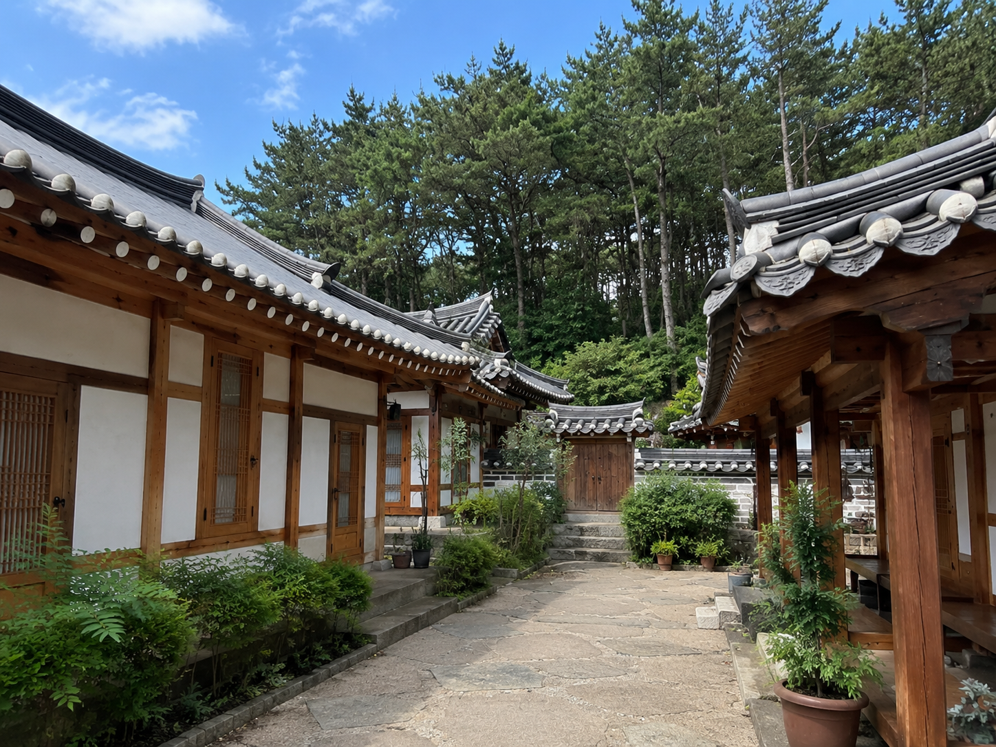 한옥 마당과 소나무, 창호를 그린 일러스트